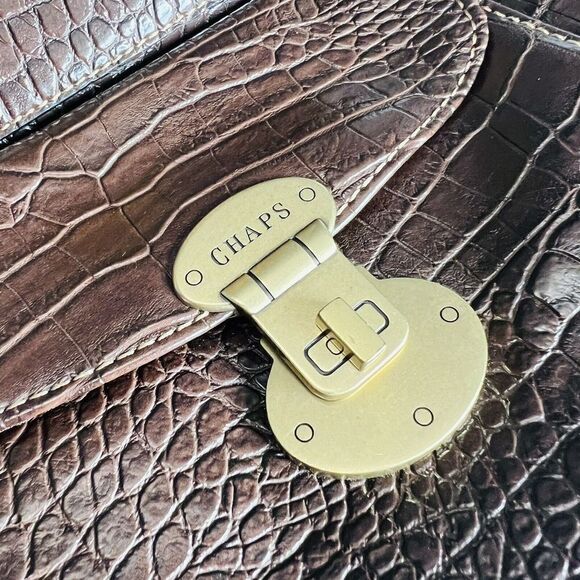 CHAPS Brown Faux Leather Croc Tote Shoulder Bag Business Casual Satchel Gold - Picture 15 of 15